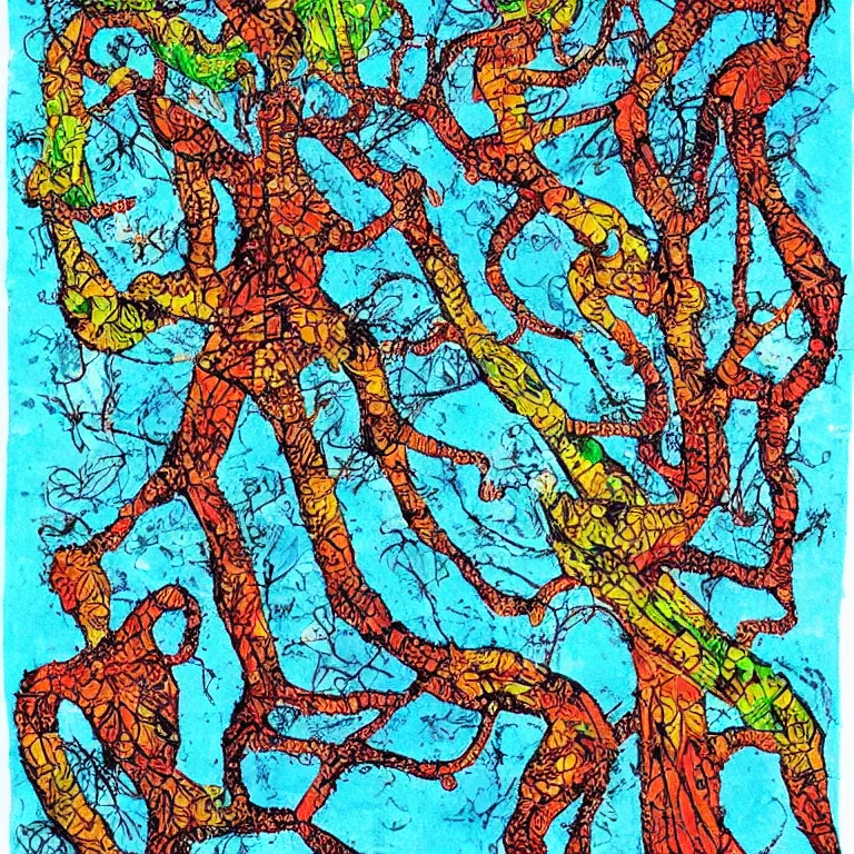 Image similar to human with the sea and the forest inside, veins diverge through the body like rivers filmed on a satellite, a person is decorated with wild berries, a beautiful bird is looking at him next, art brut, colorful picture