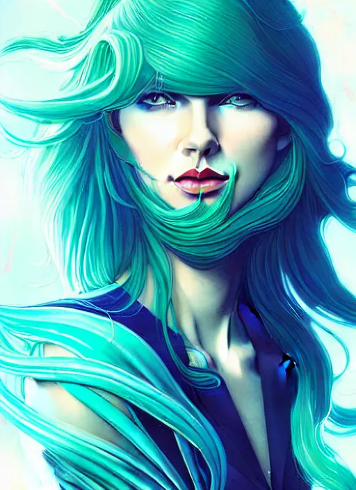 Prompt: style artgerm, joshua middleton, taylor swift with green dress, very long blue hair, swirling water cosmos, symmetrical face, symmetrical eyes, cyberpunk, cinematic lighting