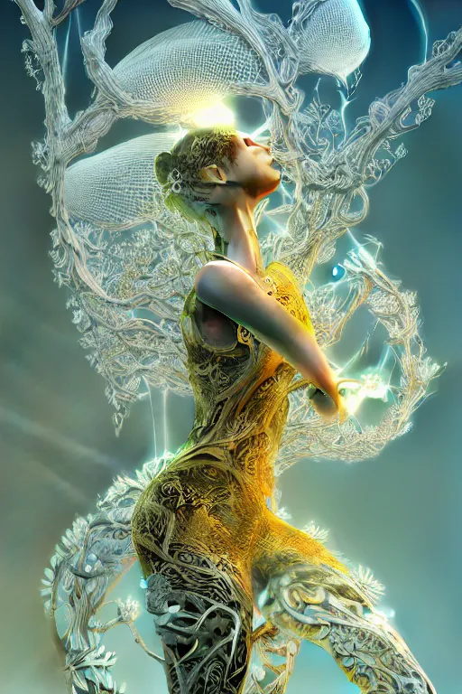 Image similar to intricate hyper detailed ultra sharp 3 d render, unity of mood, biomechanical cyborg ladies dancing, atmospheric, foliage, white large pore fungi, cyberpunk art nouveau, haute couture alexander mcqueen leaves stems colorful dahlias blooming transparent fractal filigree roots, intricate details, octane render, volumetric cinematic lighting, natural beautiful light, yellow infrared, lumiol, 8 k,