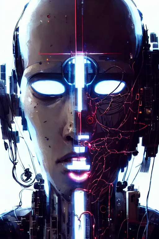 Prompt: cyborg removing its human mask revealing wires and gears behind its fragile looking face, white mask, futuristic, y2k aesthetic, dramatic lighting, illustration by Greg rutkowski, yoji shinkawa, 4k, digital art, concept art, trending on artstation