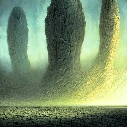 Image similar to artistic digital artwork of an epic scene on an alien planet. beautiful landscape by vincent bons, michael whelan, remedios varo and gerardo dottori. grainy and rough. interesting pastel colour palette. beautiful light. oil and water colour based on high quality render.