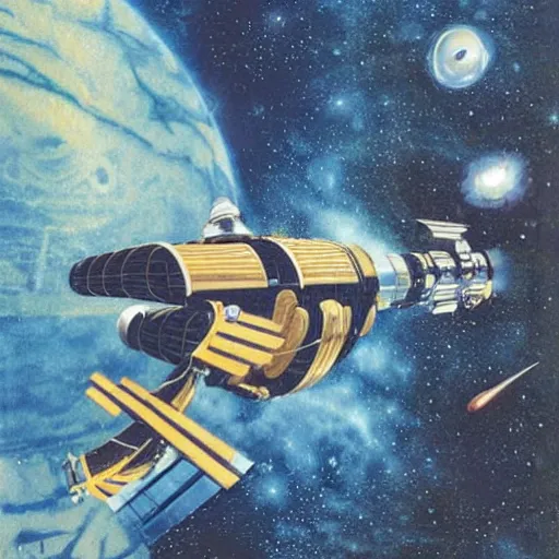 Prompt: abandoned beautiful space station floating in deep space, chris foss, terran trade authority