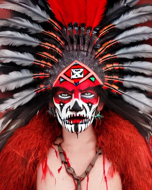 Image similar to the aztec ghost - spirit of the grim - warpaint wears the scarlet skull armor and native blood headdress feathers, midnight fog - mist!, cinematic lighting, various refining methods, micro macro autofocus, ultra definition, award winning photo