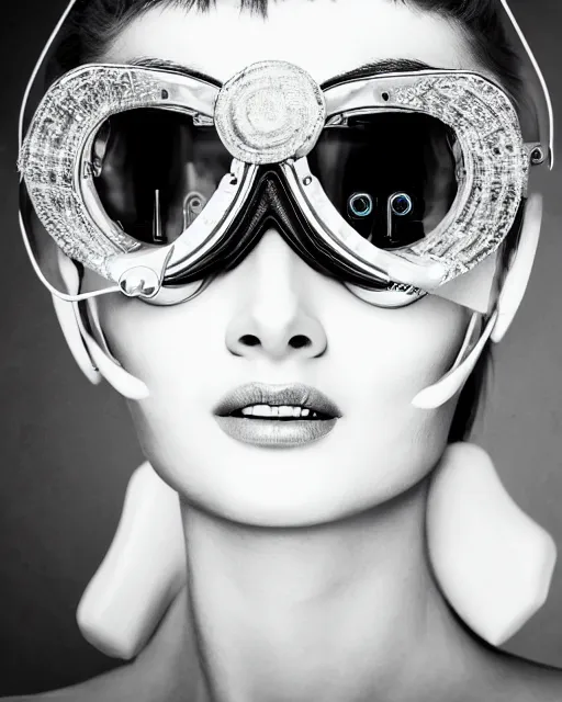 Image similar to centered portrait of soulful young audrey hepburn as a solarpunk mecha humanoid robotic parts wearing crystal goggles with bright led lights, real human face, pudica gesture bouguereau style, in white room, ultra - realistic and intricate, soft portrait shot 8 k