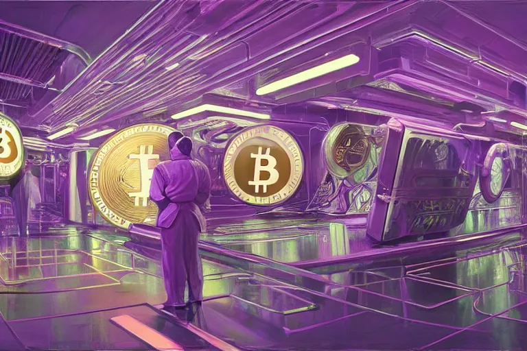 Prompt: A highly detailed rendering bitcoin demand, soft neon purple lighting, reflective surfaces, sci-fi concept art, by Syd Mead and H.R.Giger, highly detailed, oil on canvas