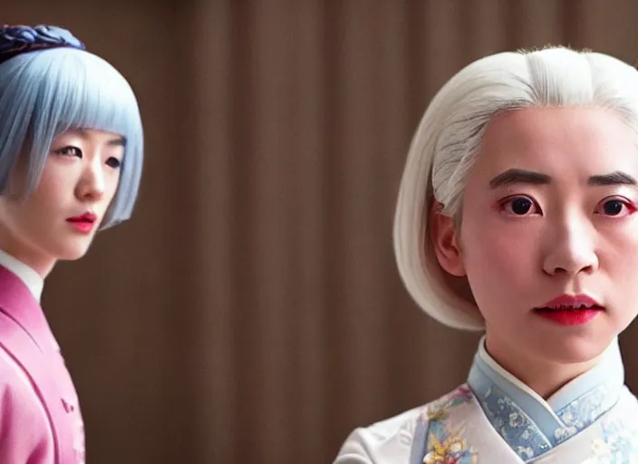 Image similar to a film still of a japanese princess young lady, with white hair and bangs!!!! in the grand budapest hotel ( 2 0 1 4 )