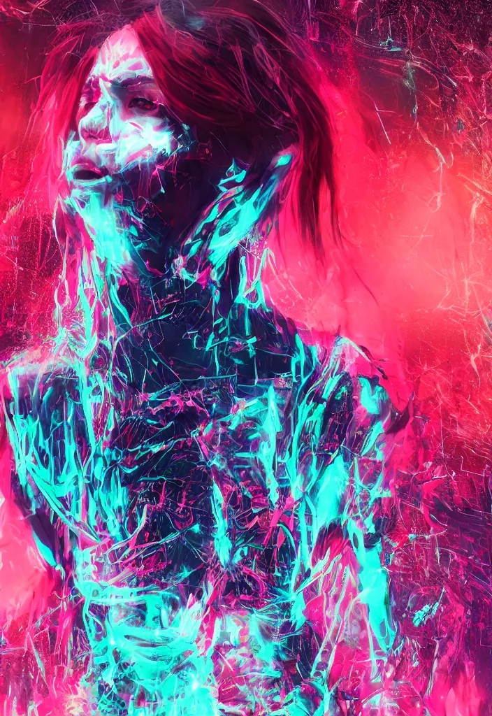 Prompt: spirit wearing glitched techwear, akimbo, photography, specular, luminous, full body portrait in landscape, long hair, pastel red blue pallette, detailed eyes, exaggerated facial expressions