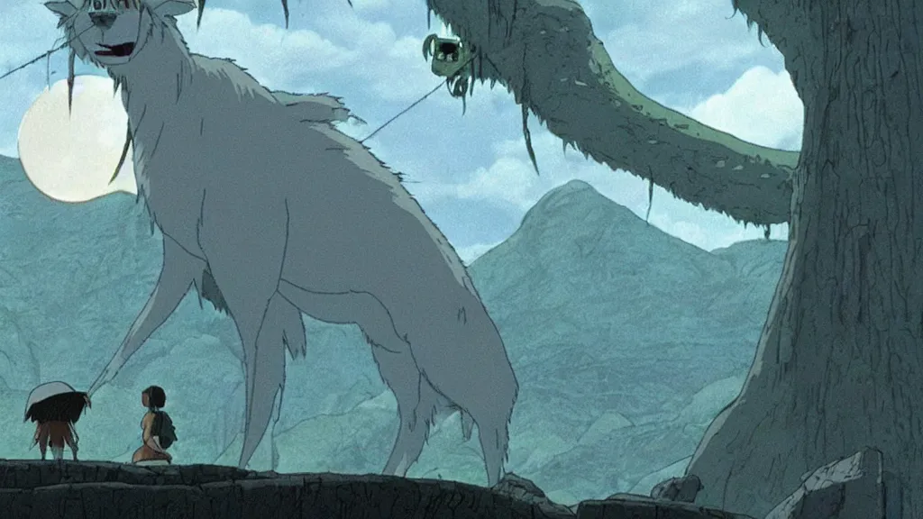 Image similar to a cell shaded cartoon movie still from princess mononoke ( 1 9 9 7 ) showing a ufo from independence day ( 1 9 9 6 ). very dull muted colors, hd, 4 k, hq