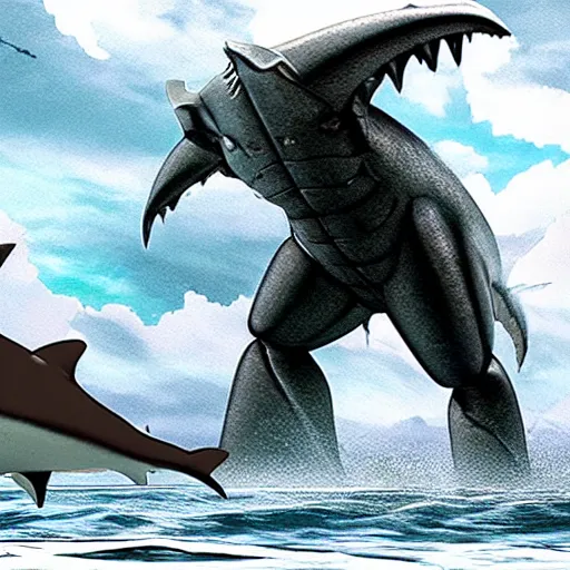 Image similar to low budget 3 d animation, a giant athletic sleek rounded humanoid mech fighting a giant shark kaiju monster in the ocean