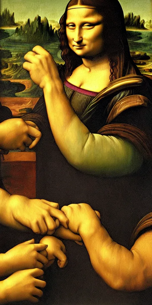 Prompt: mona lisa arm wrestling the Hulk . Leonardo da vinci . oil painting .