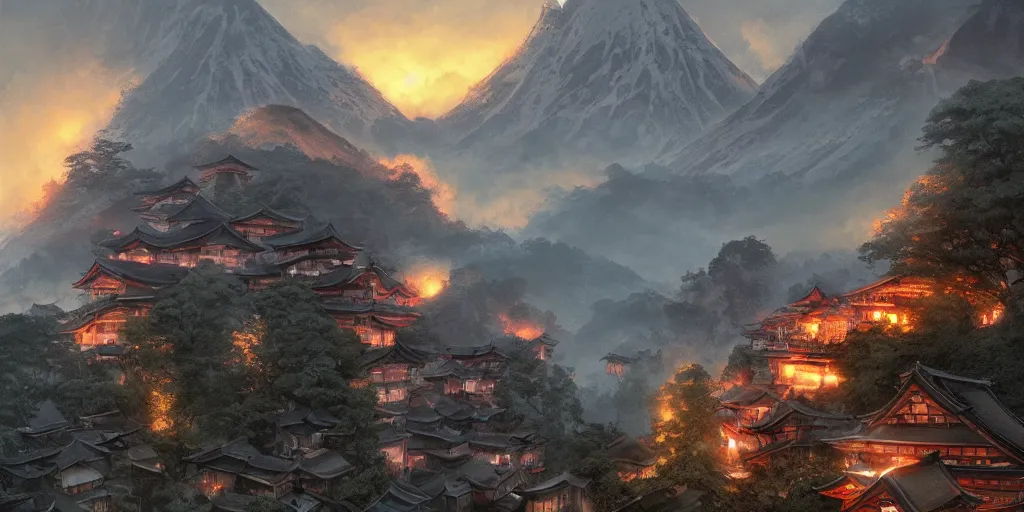 Prompt: a powerful japanese village high in mountains, under steam of mystical power, fanart artstation global illumination rtx hdr fanart arstation 3 d, volcano, evil smog, concept art by greg rutkowski and laurie greasley, fantastic landscape, 8 k, cinematic color grading