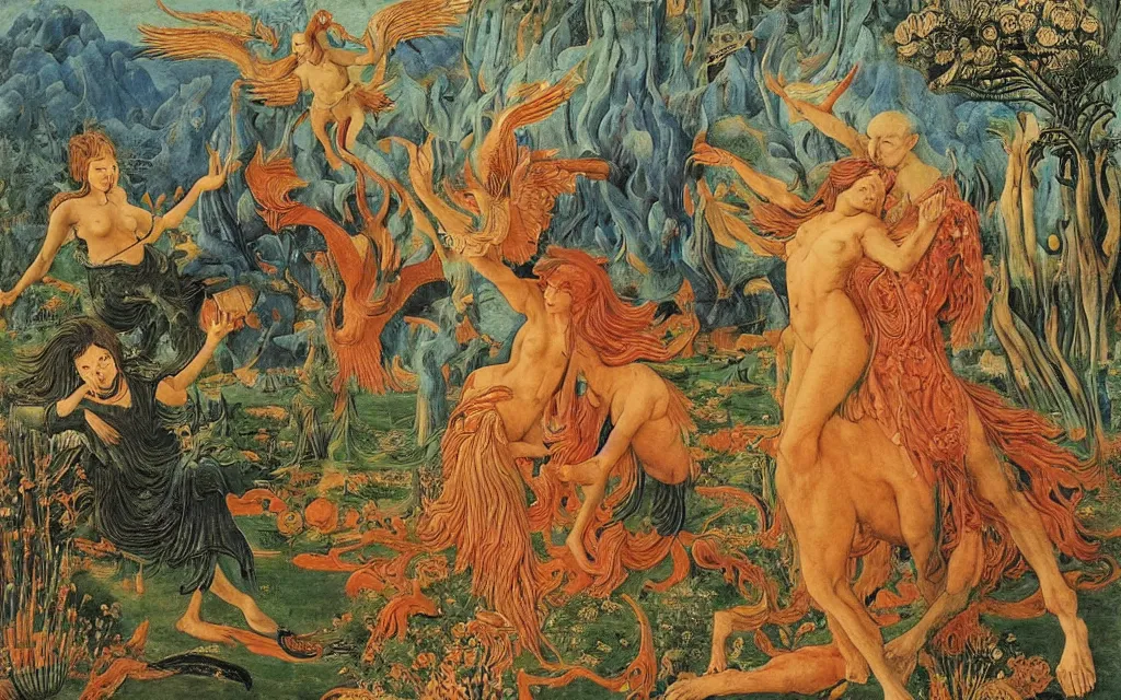 Image similar to a portrait photograph of a meditating harpy and a centaur monk riding a phoenix and hunting at a river delta. surrounded by bulbous flowers and trees. mountain range under a blue sky of fiery stars. by jan van eyck, max ernst, ernst haeckel, ernst fuchs and artgerm, cgsociety, fashion editorial, 8 k