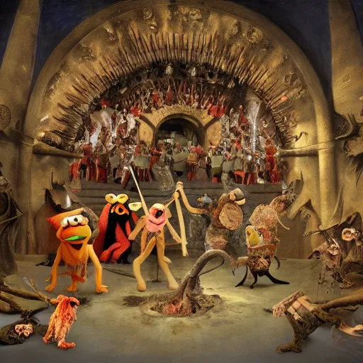 Prompt: muppets in dante's inferno with trumpeters and demons, intricate detail, hieronymous bosch, whealan, hd, unreal engine