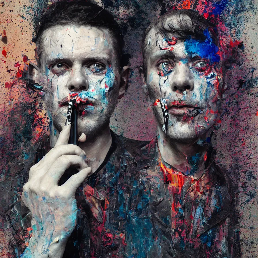 Prompt: portrait of a man with skullface smoking cigarette who stares intently, volumetric lighting, realistic, high quality, by james jean and luc tuymans and vincent lefevre and hernan bas and pat steir, in the style of bruce bickford, digital paint, glitch, psychological, dripping paint, generative art, 8 k high quality render, alter