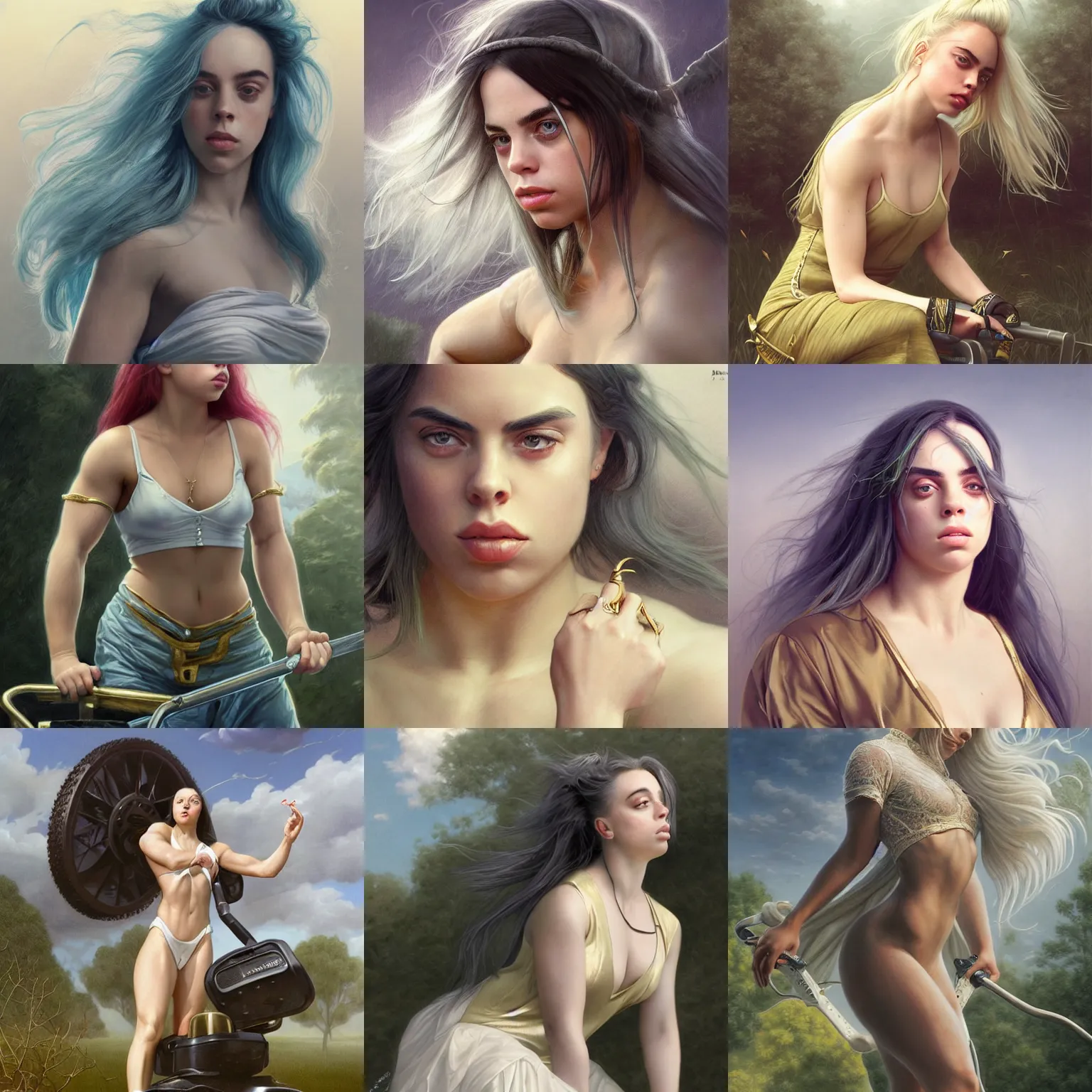Prompt: billie eilish, flexing large muscles, driving a ride on lawnmower, white lace clothing, gold accessories, elegant, highly detailed, digital painting, matte, sharp focus, art by artgerm, frank frzetta, boris vallejo, bouguereau, beksinski, cinematic