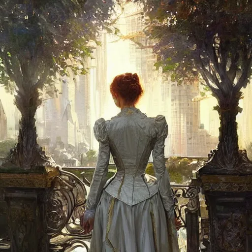 Prompt: portrait of a victorian lady in a futuristic city, from behind, streets, birds in the sky, sunlight and rays of light shining through trees, tall buildings on the sides, beautiful, solarpunk!!!, highly detailed, digital painting by Michael Garmash, Donato Giancola, in the 17th century