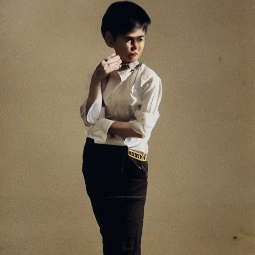 Prompt: A Filipino girl dressed as Morrissey, portrait, by Peter Lindbergh