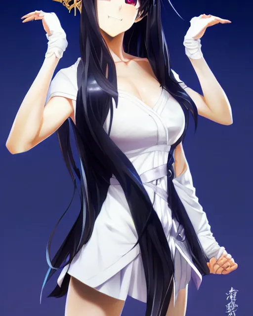 Prompt: anime character portrait of a female martial artist!! long black hair! blue eyes! kicking!! elegant, intricate outfit gold and white outfit! fine details by stanley artgerm lau, wlop, rossdraws, james jean, andrei riabovitchev, marc simonetti, and sakimichan, trembling on artstation