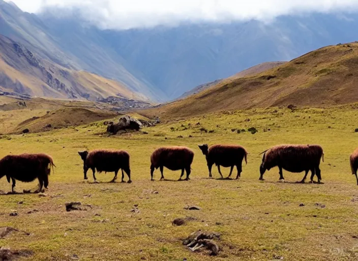 Prompt: beautiful Peruvian Andean landscape with herd animals