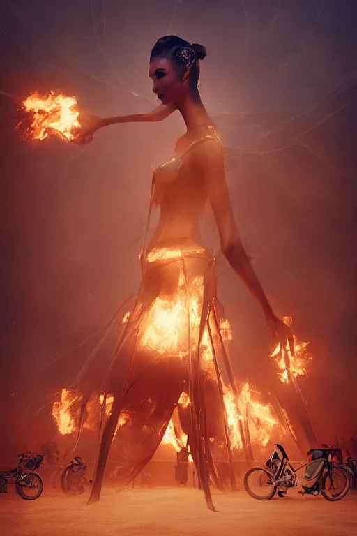 Image similar to a photo of a girl a burning man festival, powerful, cinematic, beautifully lit, by artgerm, by craig mullins, by galan pang, 3 d, trending on artstation, octane render, 8 k