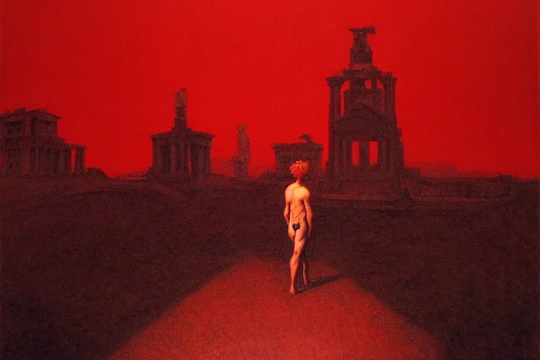 Image similar to only with red, caesar after war, a red tiger, in hoc signo vinces, rome in background, an ancient path, in the style of beksinski, part by hopper, part by rodcenko, part by hofbauer, intricate composition, red by caravaggio, insanely quality, highly detailed, masterpiece, red light, artstation