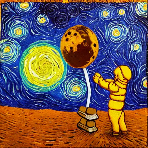 Image similar to “ mysterious being walking on the moon, van gogh style painting ”