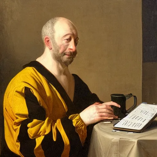 Image similar to tired man in a bumblebee costume drinks coffee in front of a laptop, highly detailed, masterpiece, enlightenment era, oil on canvas