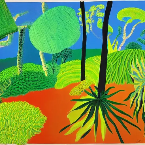 Image similar to rough acrylic painting of a lush natural scene on an alien planet by david hockney. beautiful landscape. weird vegetation. cliffs and water.