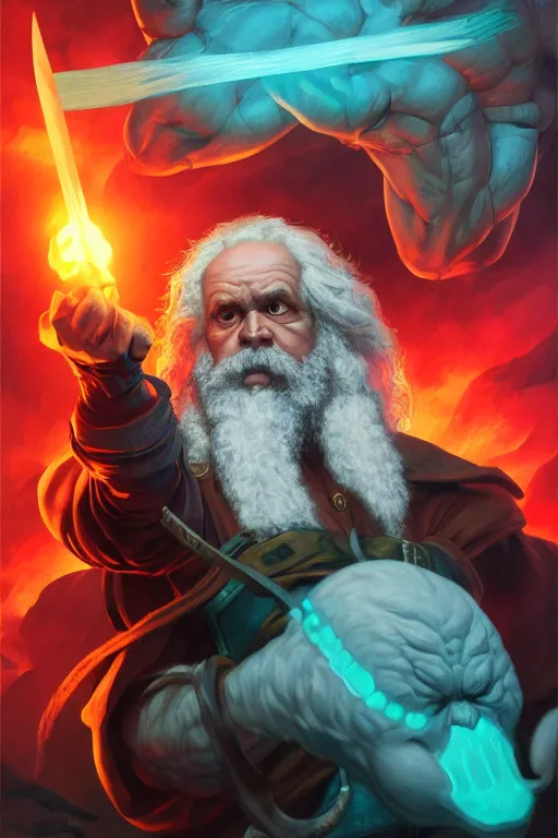 Image similar to character portrait karl marx as a buff wild magic barbarian with a third eye on the forehead and body warpaint, dungeons and dragons cover artwork, dynamic composition, dramatic lighting, trending on artstation, award winning art, stylized painting by sophie anderson, leonardo da vinci and raphael, concept art, 4 k, 8 k, gold and teal color scheme