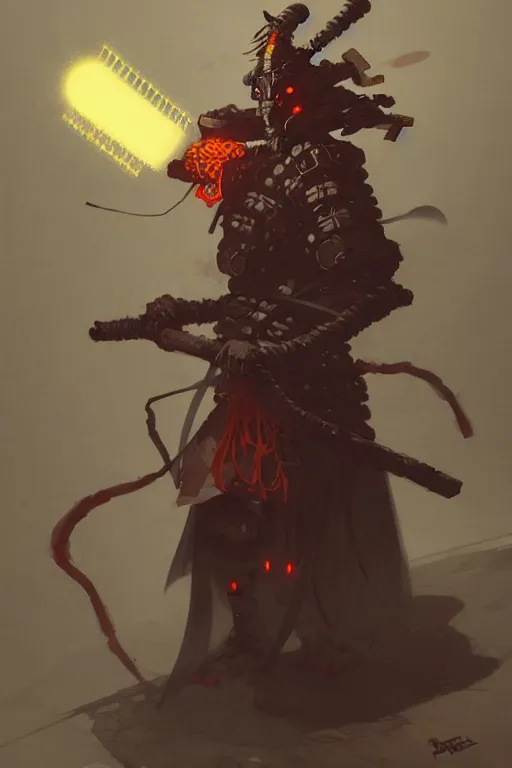Prompt: samurai yokai cyberpunk kaiju shaman, character concept art by peter mohrbacher and andreas rocha and michael whelan and craig mullins and ross tran and wlop and caravaggio