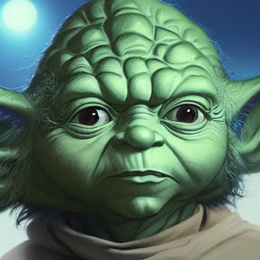 Image similar to Yoda with long black hair, hair down to his shoulders, 80s haircut, long strands of hair, thick hair, concept art, highly detailed, trending on artstation