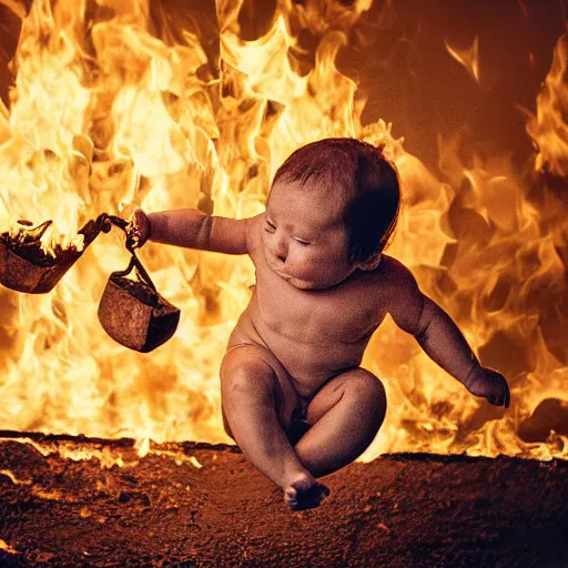 Image similar to a baby flying out of a catapult. on fire. Award-winning photograph