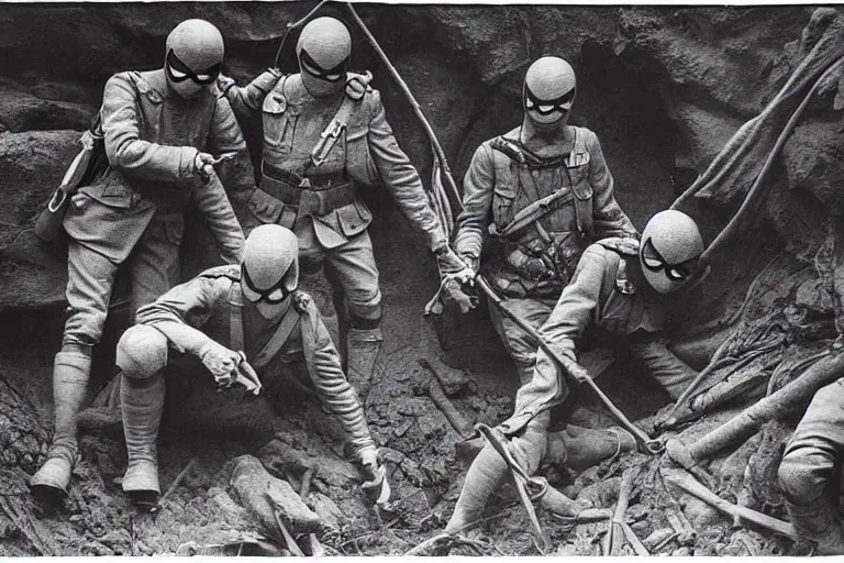 Prompt: old monochromatic photograph of Spider-Man with soldiers in a WW1 trench