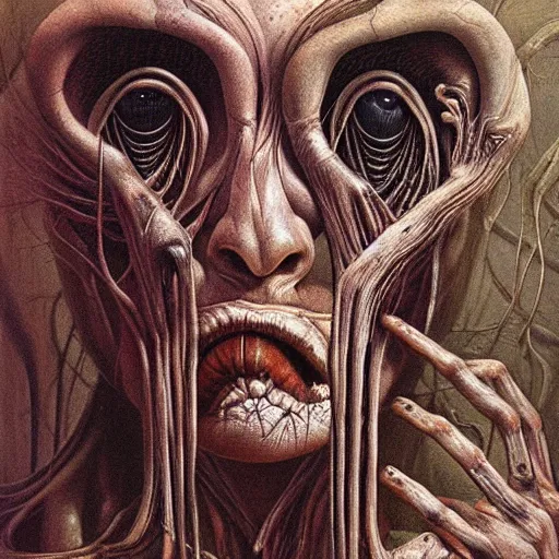 Prompt: hr giger portrait oil award winning monstrosity horror humanoid biomechanical woman zdzisław beksinski muted detailed hyperreal veins eyeballs