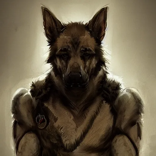 Image similar to a wounded humanoid german shepherd beast - man in military style, sitting on the bed, highly detailed portrait, digital painting, artstation, concept art, smooth, sharp foccus ilustration, artstation