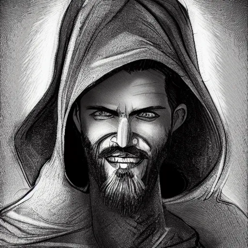 Prompt: 4 0 years old man, skinny, slim : : goatee beard, smiling : : hooded cloak : : medieval city, night, dark, grim, high detail, digital art, rpg, illustration