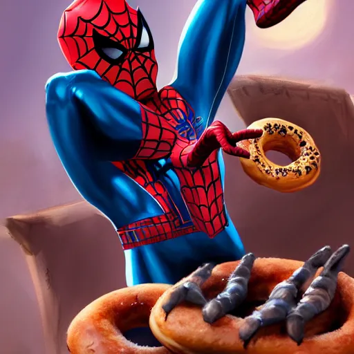 Prompt: spider - man sit on the raccoon and eating donuts, concept art, trending on artstation, highly detailed, intricate, sharp focus, digital art, 8 k