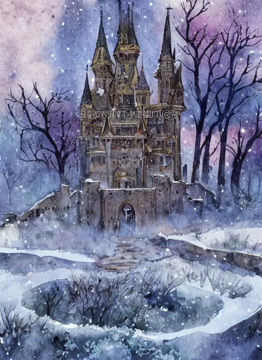 Prompt: a sword stuck in the ground, there is a huge and intricate castle in the distance, fantasy, muted colors, snow, trees, watercolor