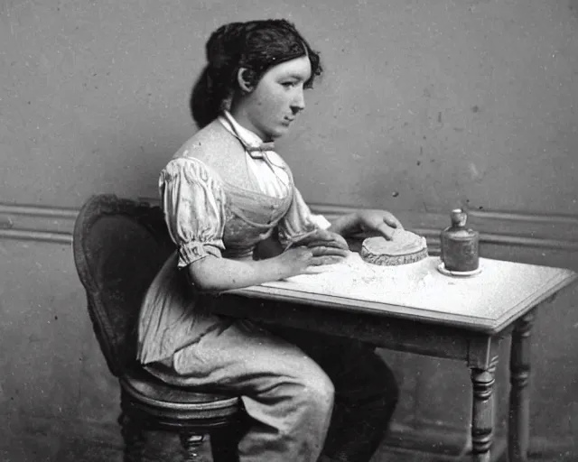 Image similar to an early 1800s photo of someone sitting at a computer making a donut in blender3d