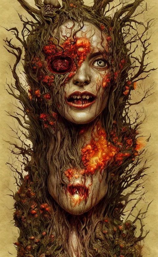 Image similar to rotten tree spirit dryad with a beautiful face and flaming mouth and eyes, mushrooms, fungi, lichen, sketch lines, graphite texture, old parchment, guillermo del toro concept art, justin gerard monsters, intricate ink illustration