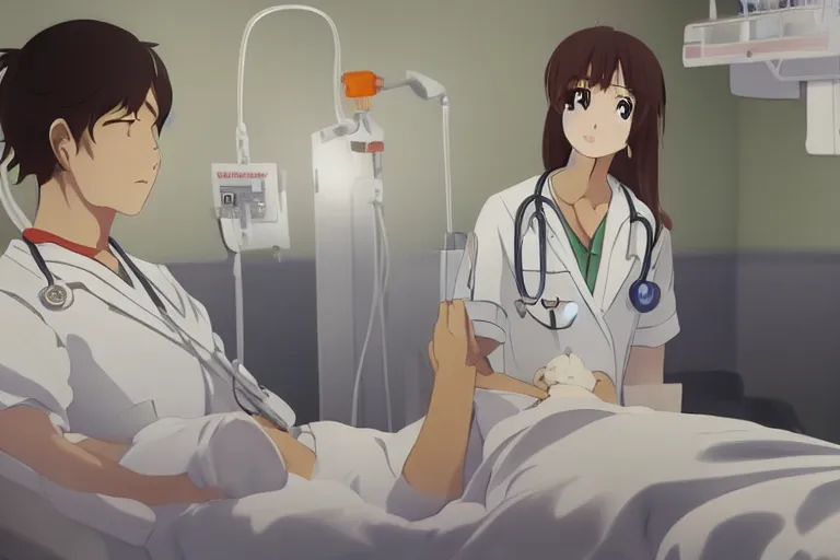 Image similar to a cute and beautiful young female doctor wearing white coat are taking care of a patient on a bed in a hospital ward, slice of life anime, anime scenery by Makoto shinkai