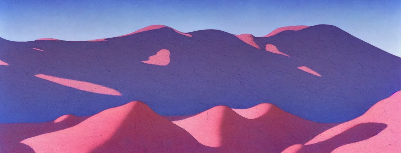 Image similar to a gorgeous desert painting of death valley by barlowe wayne maxfield parrish and marco mazzoni. tree no leaf!!!! china mountain village!! blue and very little light verdancy. the protruding pink clumps of rock. ultra clear detailed. 3 d, octane render. turbulent blood lake.