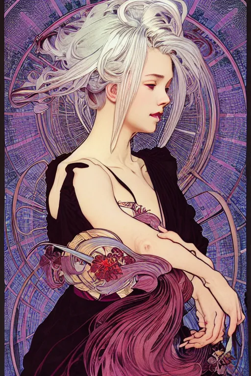 Prompt: magnum opus portrait professional photograph female holding white hair glowing, blush, pleated skirt, flowing hair, slim face, elegant, alphonse mucha, by yoichi hatakenaka, masamune shirow, josan gonzales and dan mumford, ayami kojima, takato yamamoto, barclay shaw, karol bak, yukito kishiro