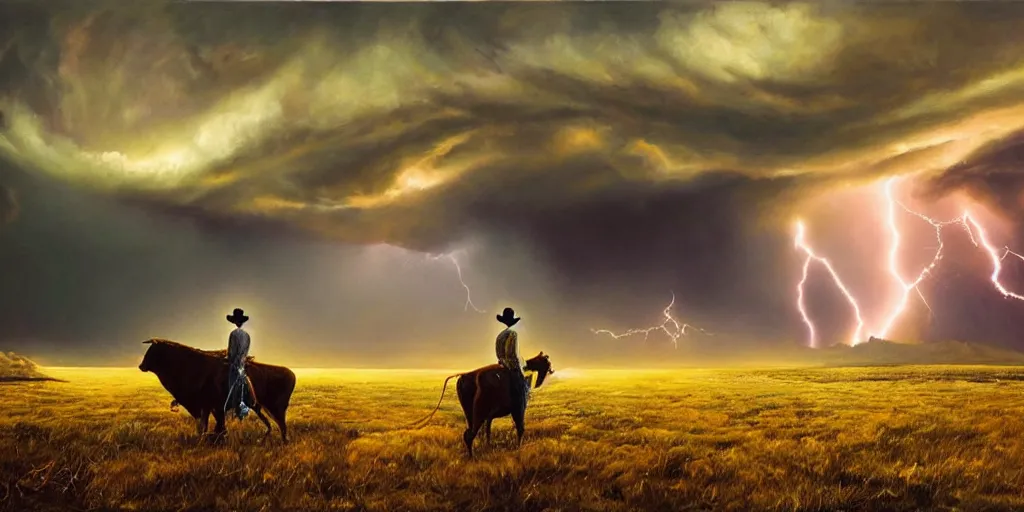 Prompt: Mark Magiori oil painting of a cowboy watching a bull get abducted by aliens, supercell thunder cloud, extremely beautiful, amazing painting, HD, 8K, very detailed, photorealistic, hyperrealism