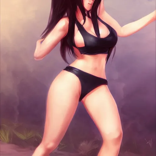 Image similar to beautiful tifa from final fantasy in a bikini, drawn by charlie bowater