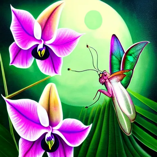 Prompt: painting of a luna moth surrounded by orchids, moonlight, highly detailed, illustration, soft, sharp focus, digital art, cgsociety, trending on artstation