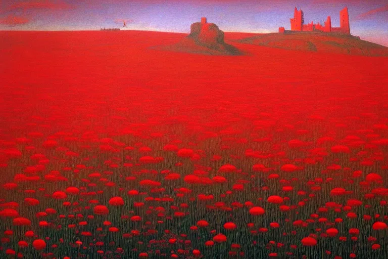 Image similar to only with red, red flowers of different types, a castle in the background, red giants rest over the flowers, in the style of beksinski, part by hopper, part by rodcenko, part by hofbauer, intricate composition, red by caravaggio, insanely quality, highly detailed, masterpiece, red light, artstation, 8 k