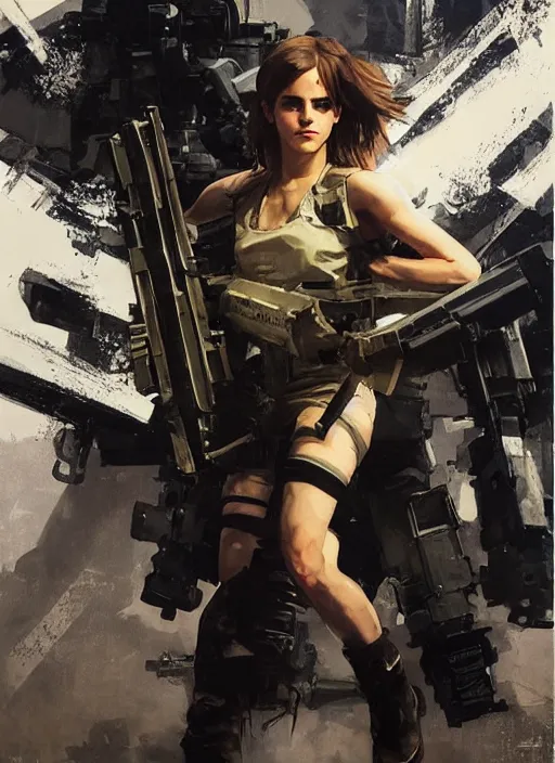 Image similar to emma watson wearing metal gear armor holding ak-47 dramatic lighting art by Yoji Shinkawa by Richard Schmid by greg rutkowski by Sandra Chevrier by Jeremy Lipking cinematic dramatic