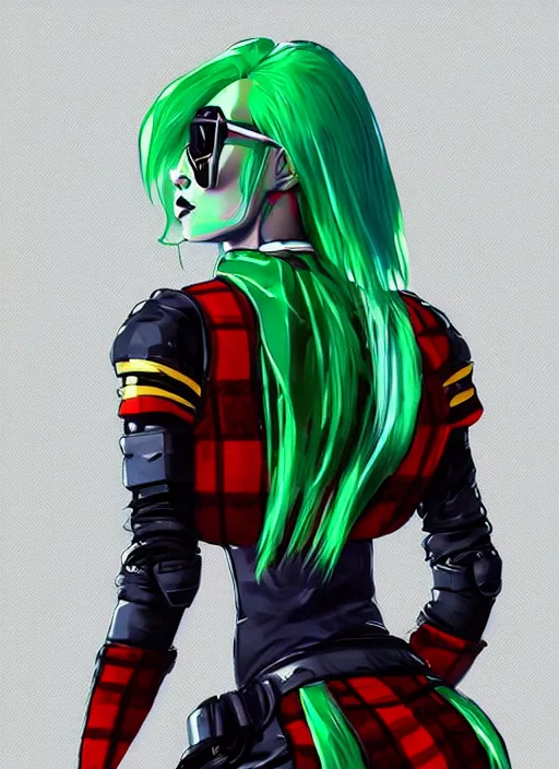 Prompt: cyberpunk woman with green hair wearing futuristic clothes and a red plaid miniskirt, synthwave aesthetic, character portrait, by wlop, by artgerm, by james gilleard, digital art, matter art, octane render, lineart, pop art