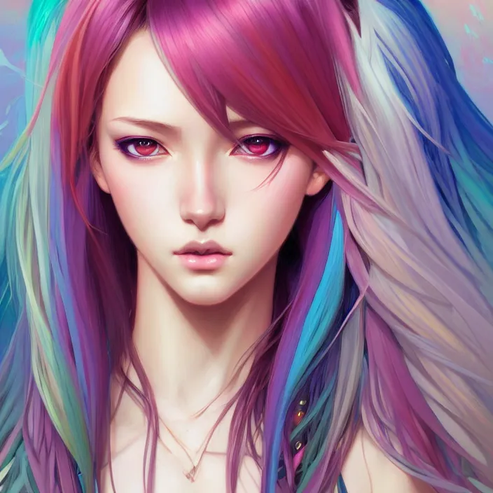 Image similar to portrait of beautiful symmetrical anime girl, rainbow hair, attractive, casual, modern, victoria's secret, highly detailed, digital painting, artstation, concept art, smooth, sharp focus, illustration, art by artgerm, greg rutkowski and alphonse mucha, 8 k,